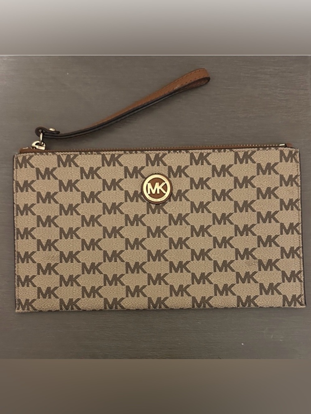 Michael Kors MK Logo Wristlet Brown Tan Zip Clutch Wallet Pouch